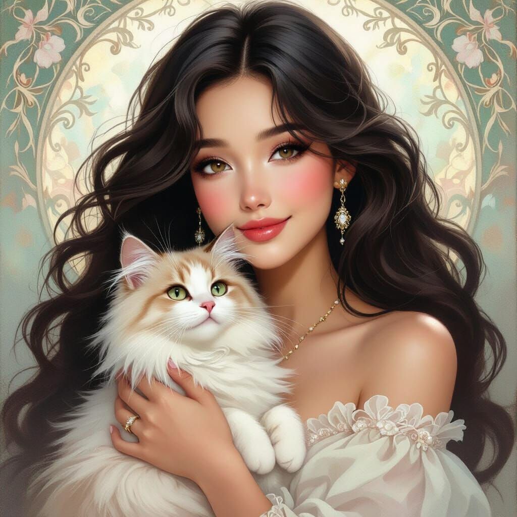 Ethereal Woman with Cat in Art Nouveau Style