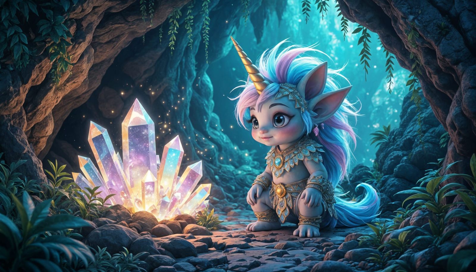 Unicorn Troll Guarding Crystal Cave in 3D