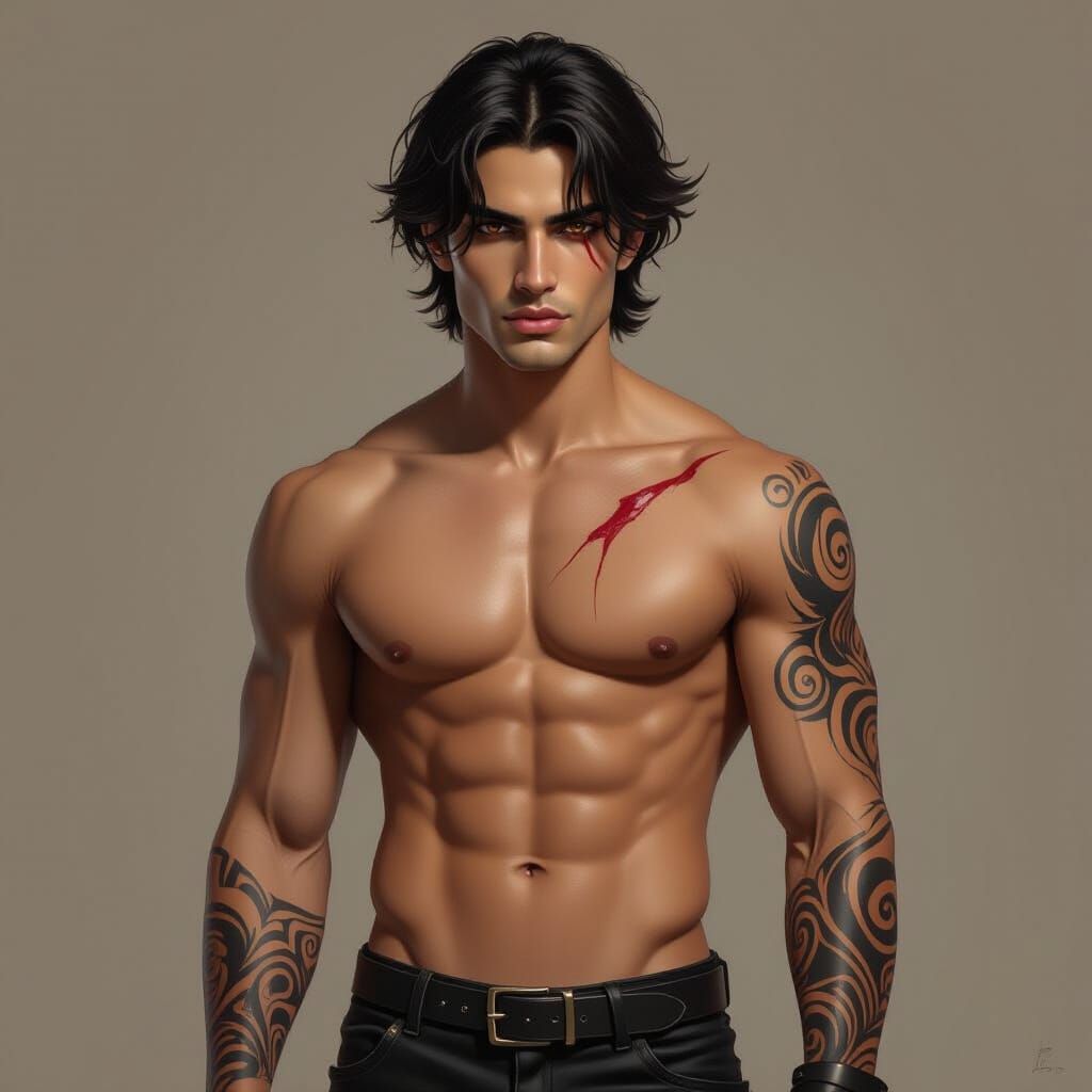 Hyperrealistic Portrait of a Warrior with Tattoos and Scars