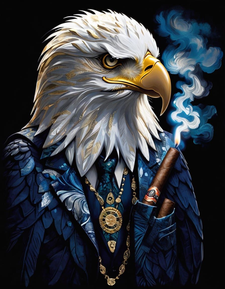 Elegant Old Eagle Smokes Italian Cigar in Neon-Lit Paradise