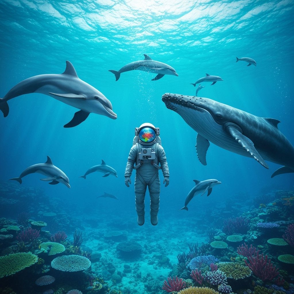 Astronaut Among Dolphins and Whale in Deep Sea
