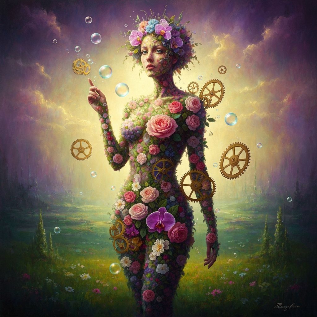 Surreal Floral Woman with Clockwork Gears
