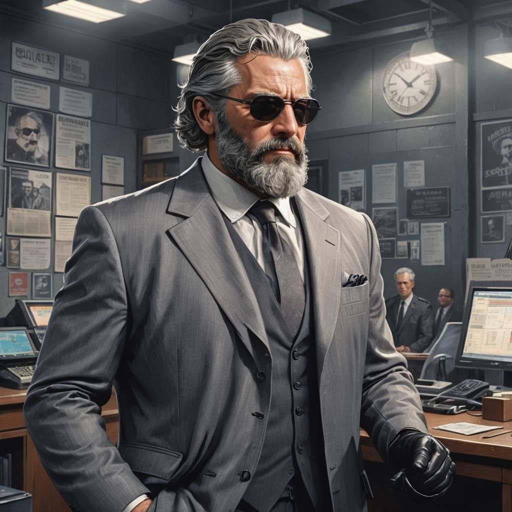 Grey-Suited Detective in Police Station, Comic Book Art