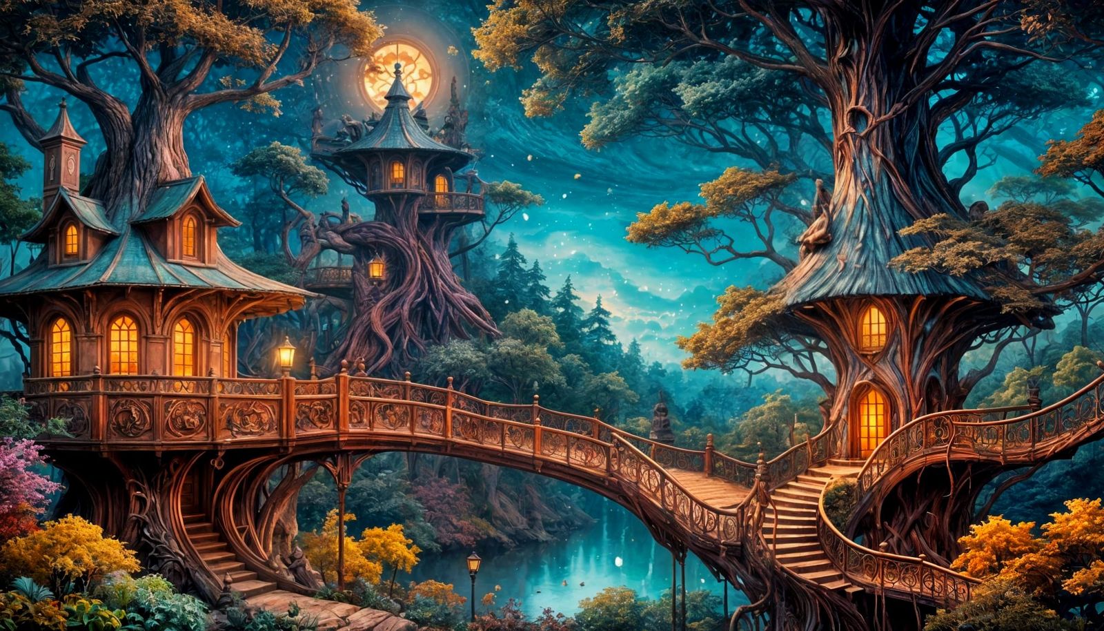 Whimsical Art Nouveau Treehouse Under Moonlit Sky