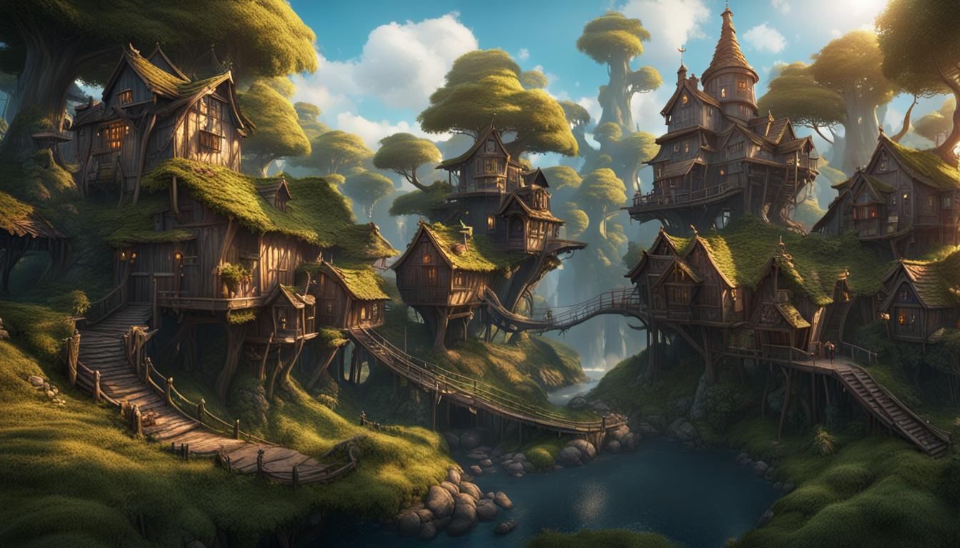 Fantastical Treehouse Village in Detailed Matte Painting