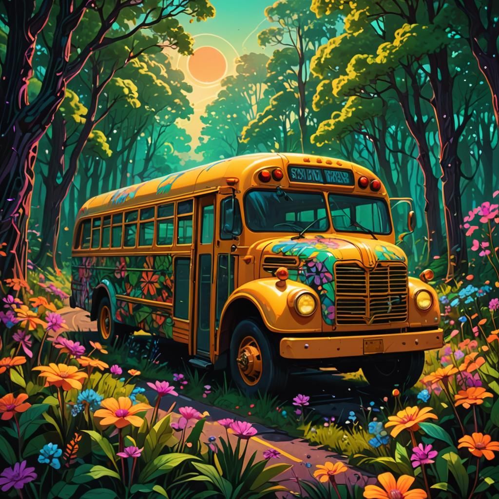 Psychedelic Neon School Bus in Retrofuturistic Style