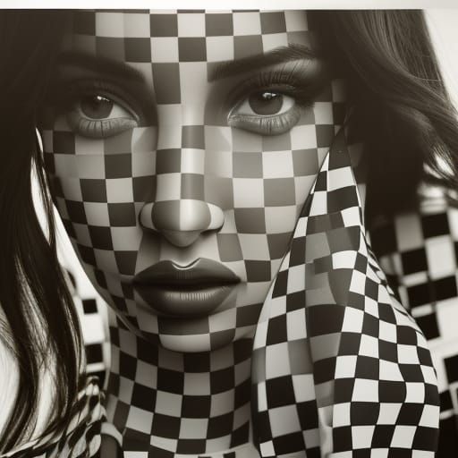 Checkerboard Woman Portrait in Pastel Line Art