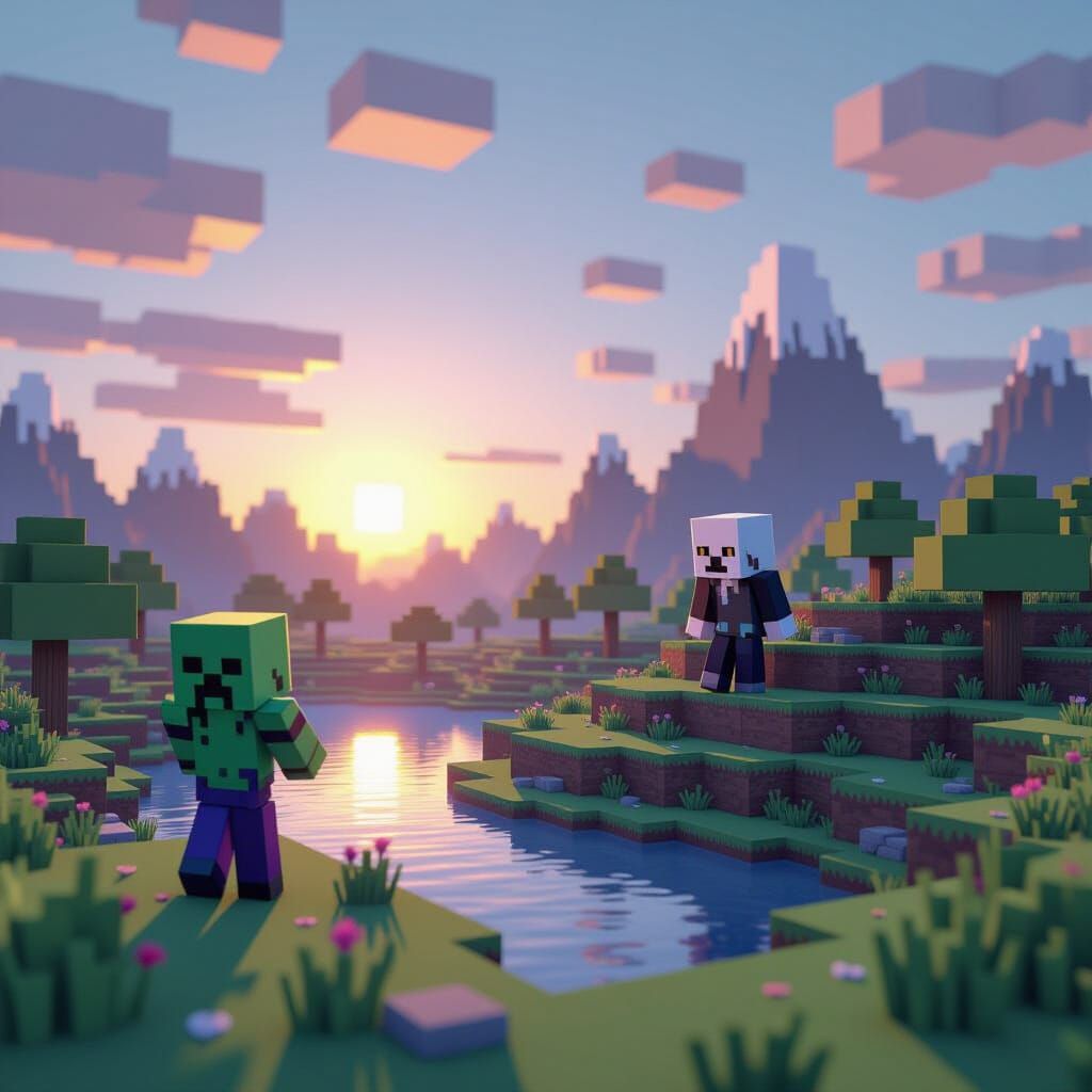 Minecraft Landscape with Creeper and Enderman