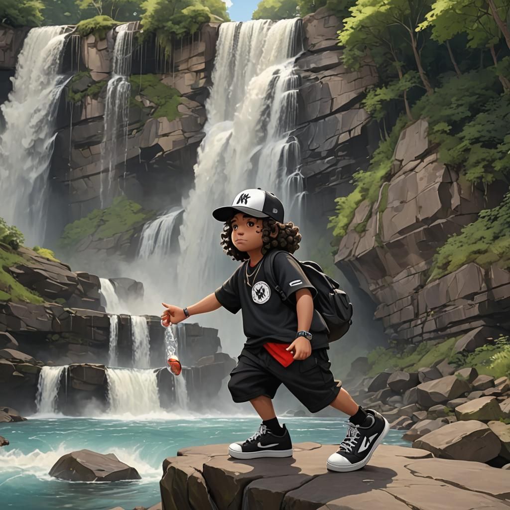 Cartoon Métis Boy by Waterfall in Anime Style