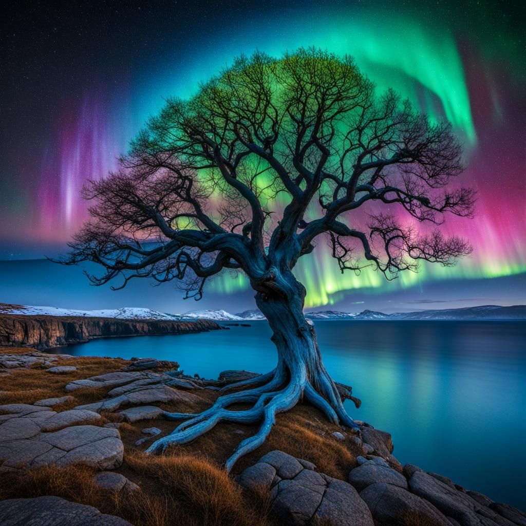 Mystical Tree of Life Under Aurora Borealis