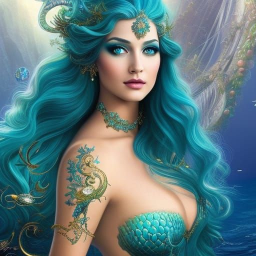 Blue Hair Mermaid Portrait in Ethereal Fantasy Style