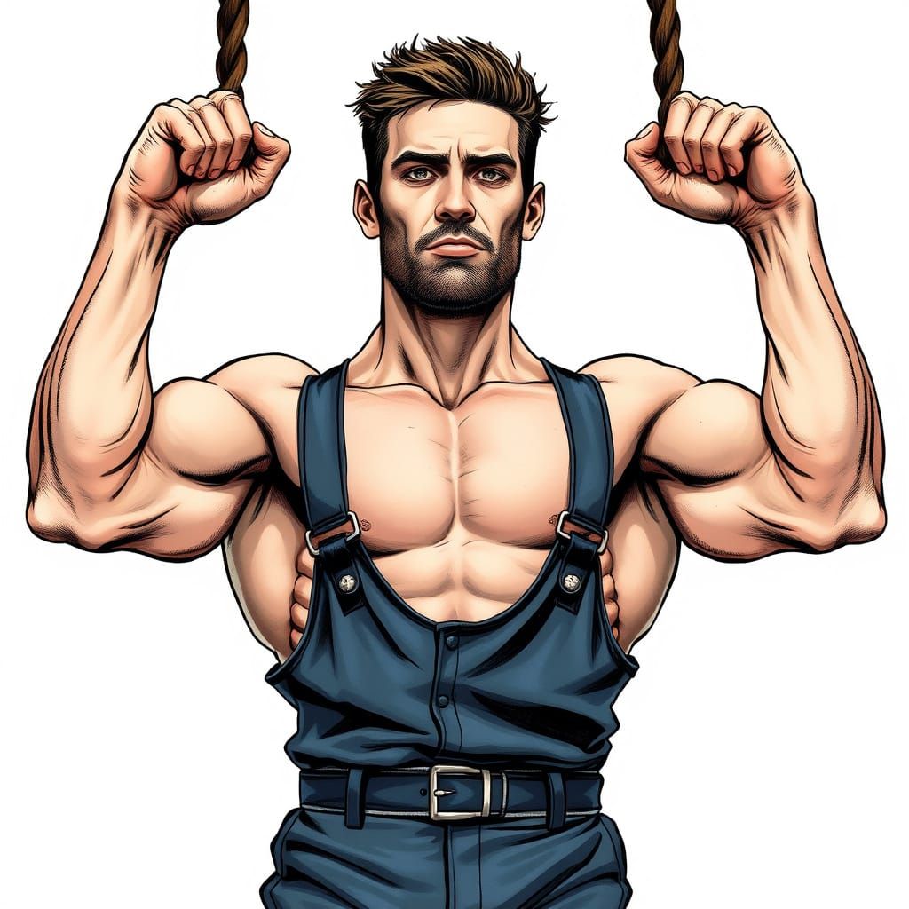 Athletic Ink Drawing of a Male Gymnast in Iron Cross Positio...