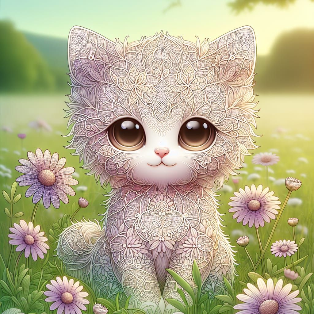 Lace Kitten in Mauve Meadow: Chibi-Style Digital Art