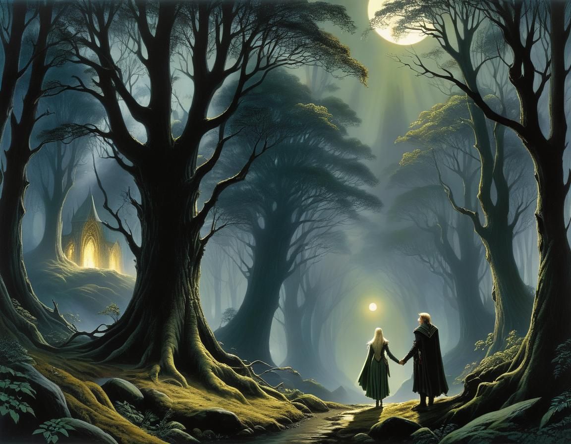 Elven Couple in Moonlit Forest Landscape