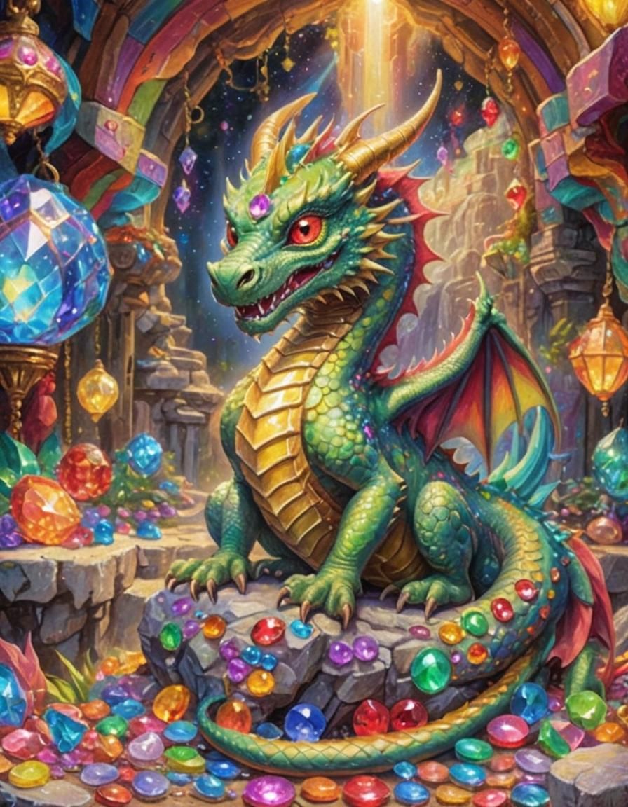 Charming Chalk Art Portrait: Beautiful Dragon with Gems