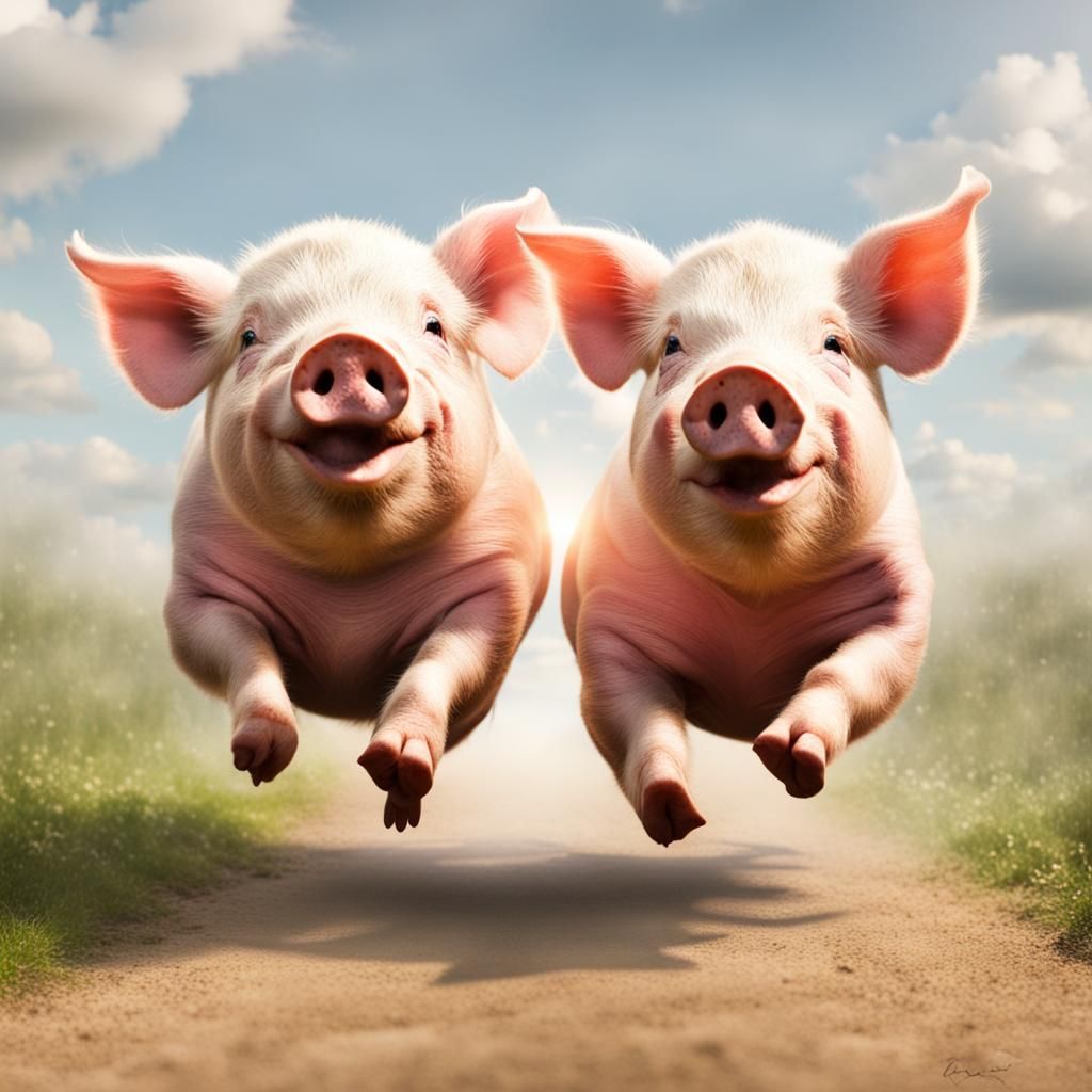 Two Funny Pigs Running Towards the Viewer