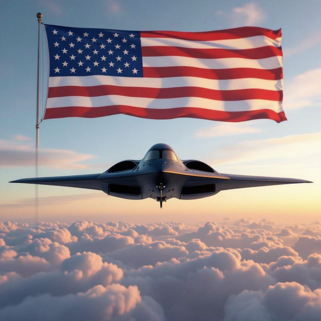 US B-2 Stealth Bomber Flying with US Flag Background