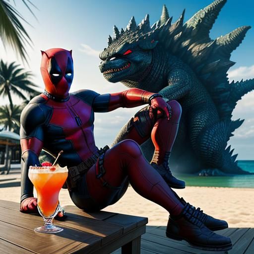 Deadpool's Relaxing Beach Day Interrupted by Godzilla