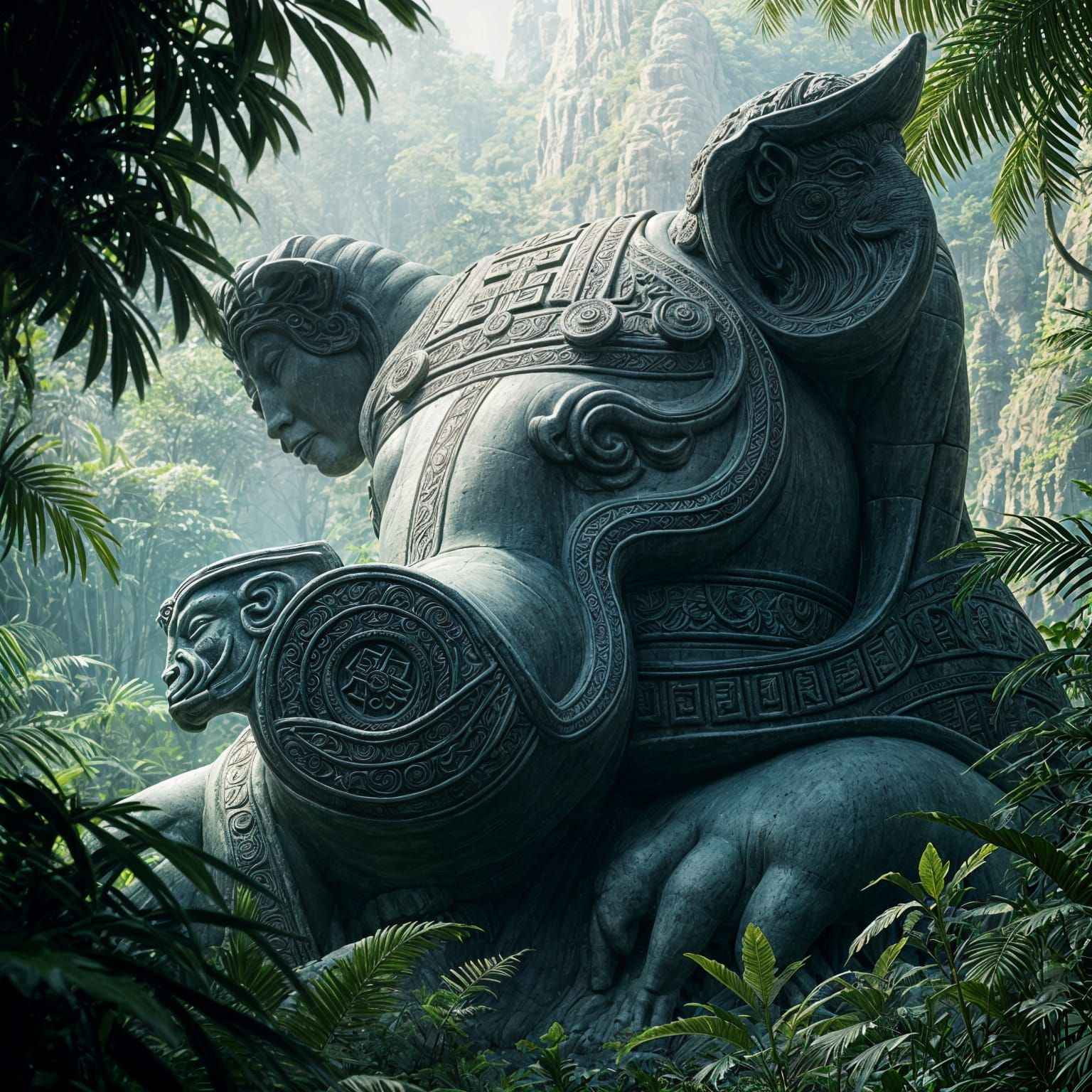 Epic Jungle Pig God Statue Digital Painting