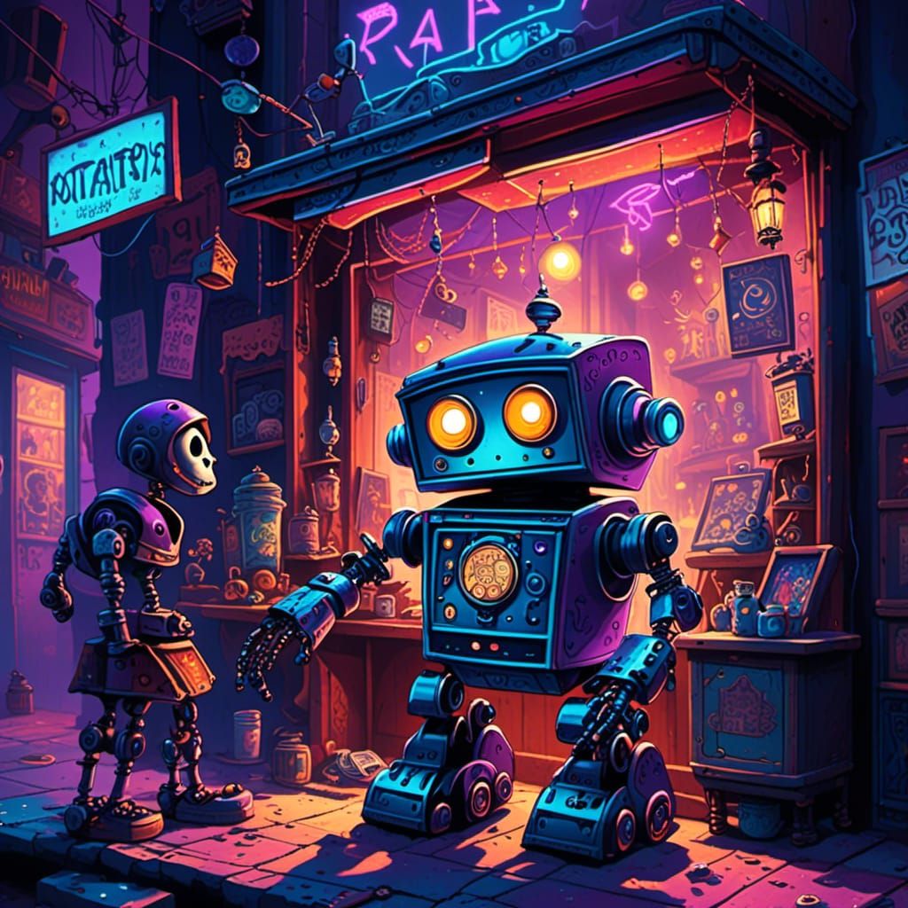 <lora:Curiosity Arcade:1.0>a small robot that collects trink...