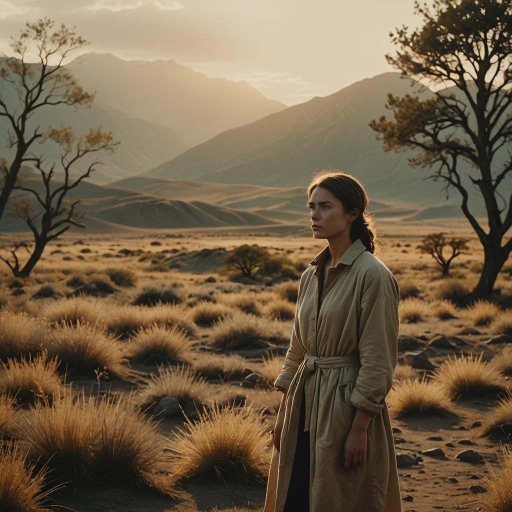 Serene Figure in Golden Hour Landscape