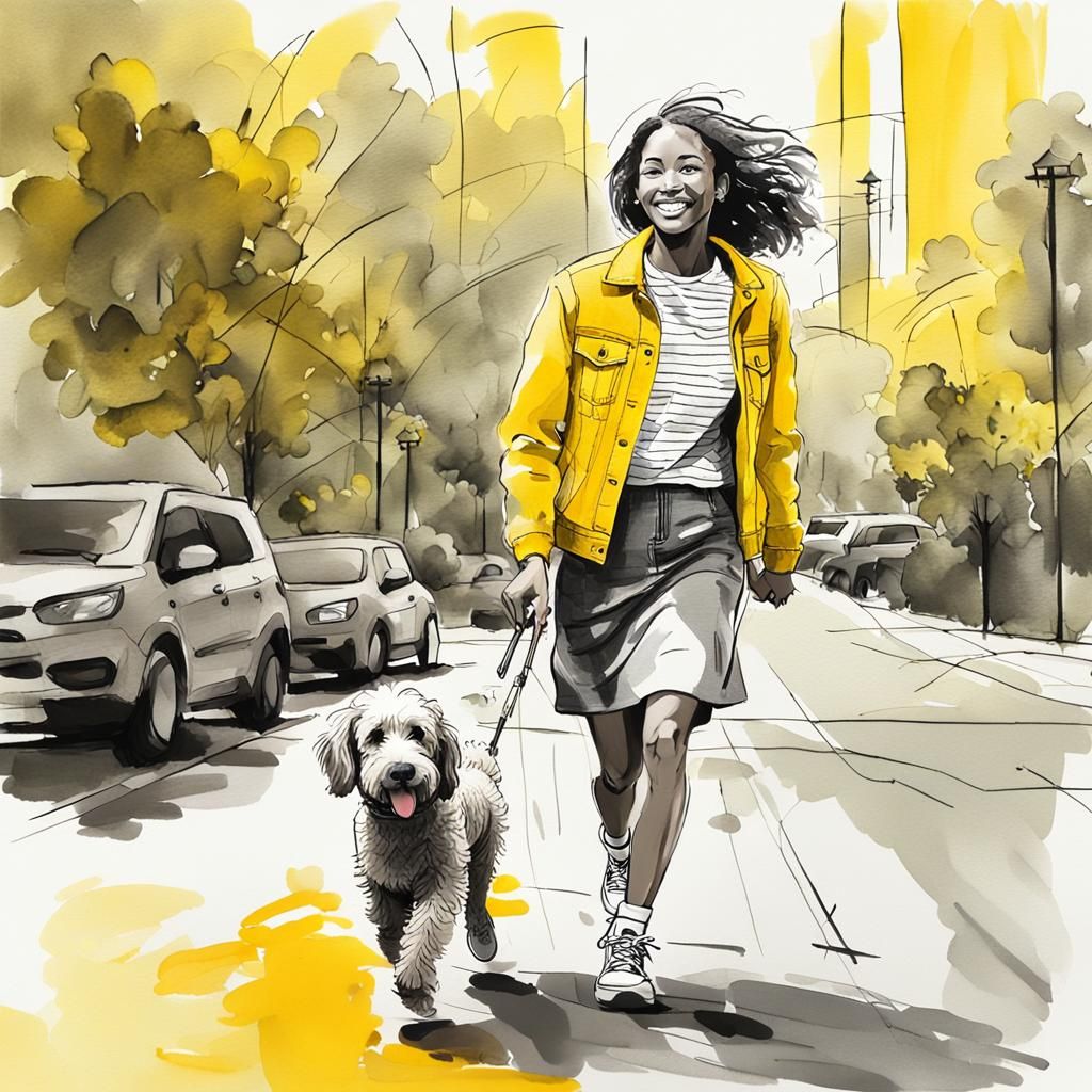 Woman Walking Dog: Ink and Wash Manga Style