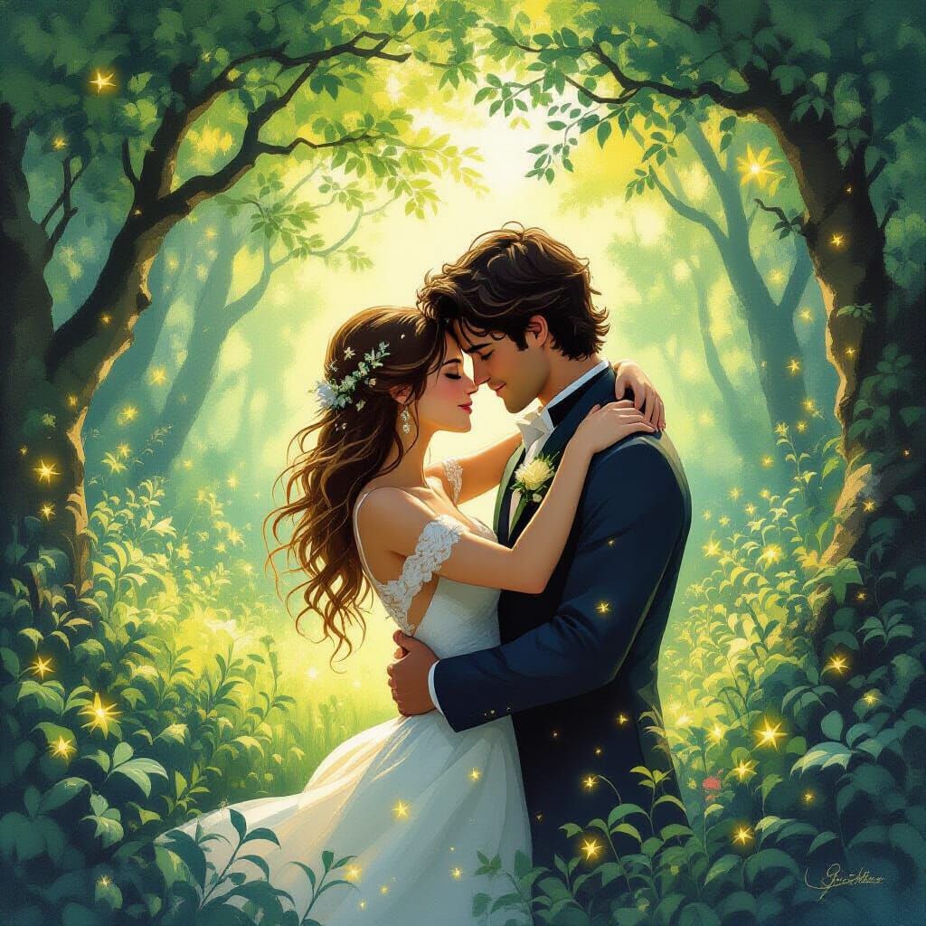 Enchanted Forest Wedding Scene in Romantic Style