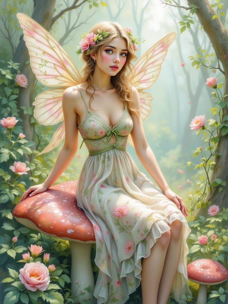 Fairy on Toadstool in Soft Pastel Oil Style