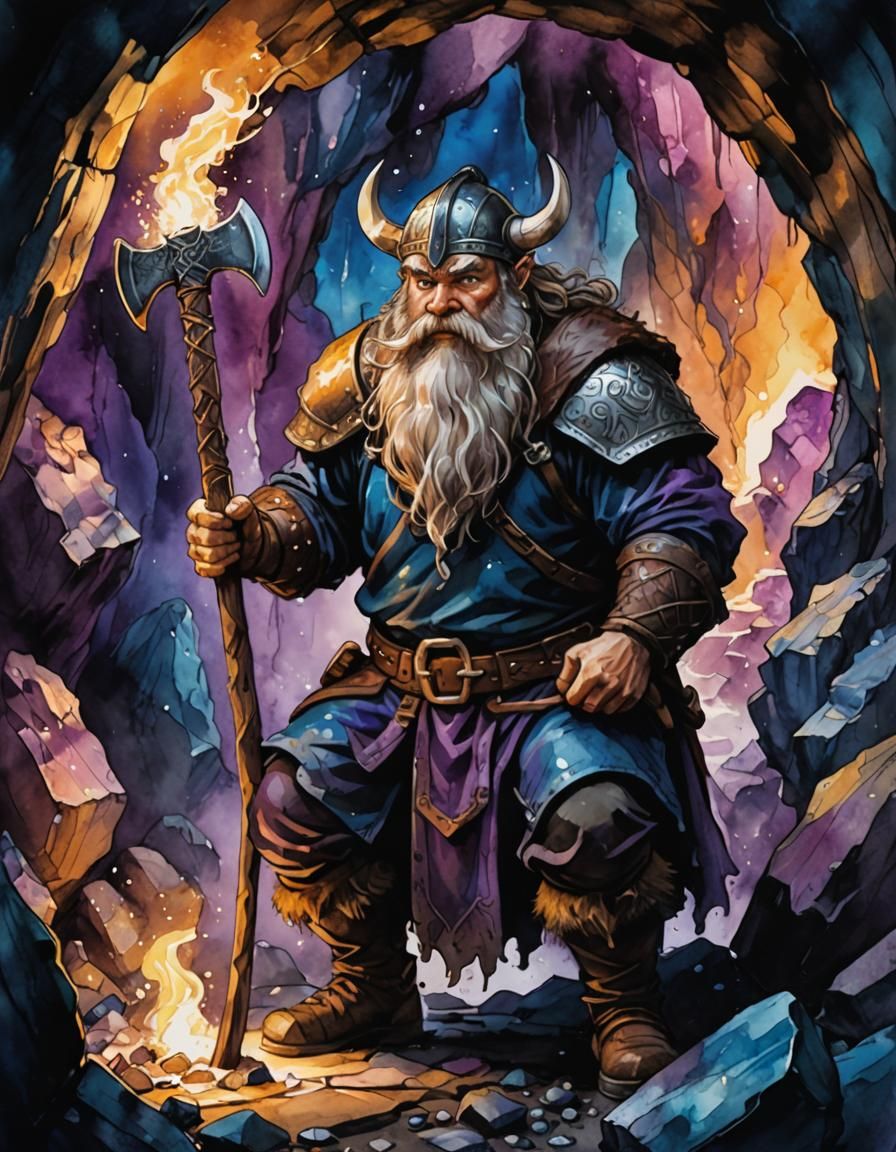 Viking Dwarf Forging Axe in Alcohol Ink Illustration
