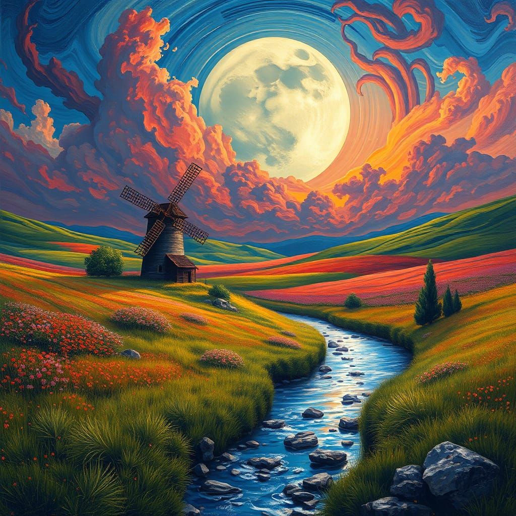 Giant Moon Over Meadow, Impasto Oil Painting