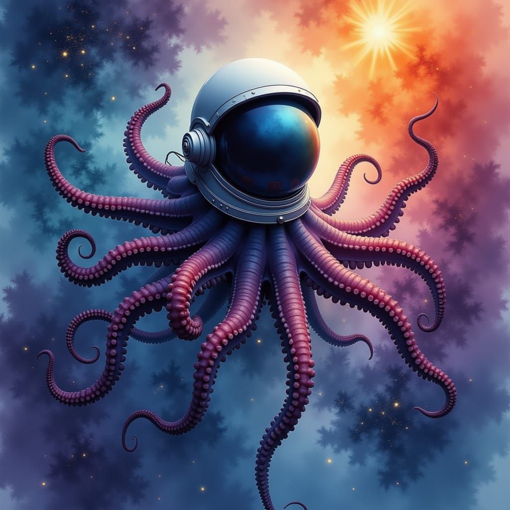 Surreal Octopus in Vintage Suit Floats in Watercolor Nebula