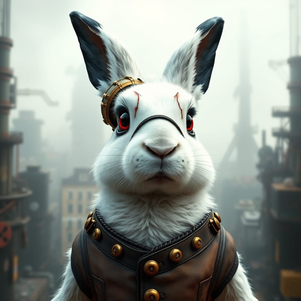 Steampunk Rabbit in Industrial Cityscape