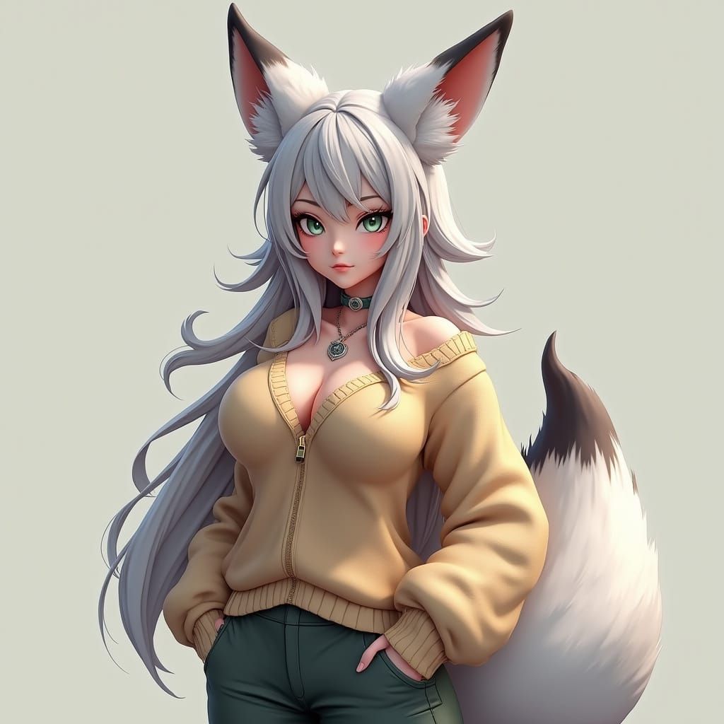 Cyberpunk Goddess with Fennec Fox Ears and Silver Fox Tail