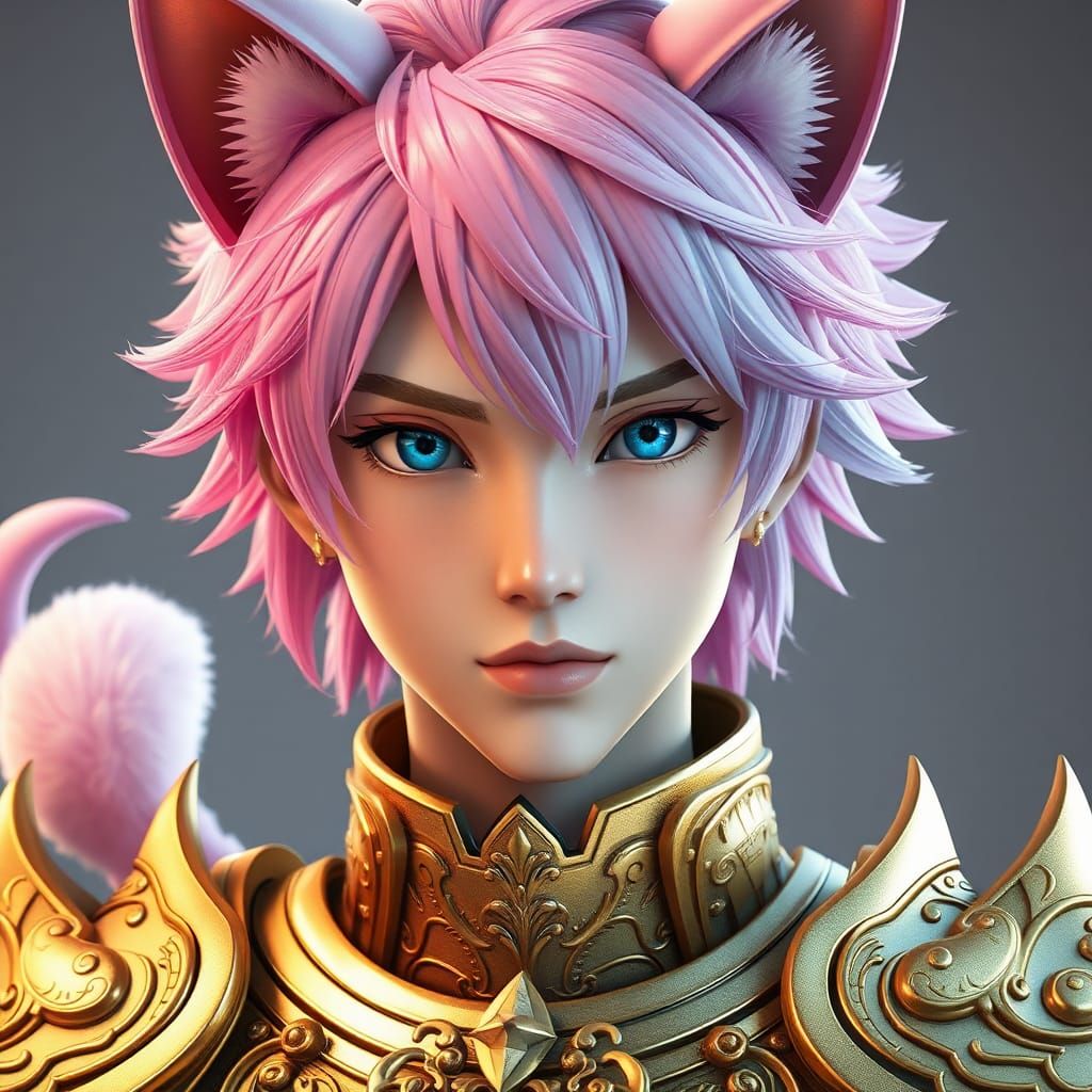 Armored Teen with Cat Features in 3D Anime Style