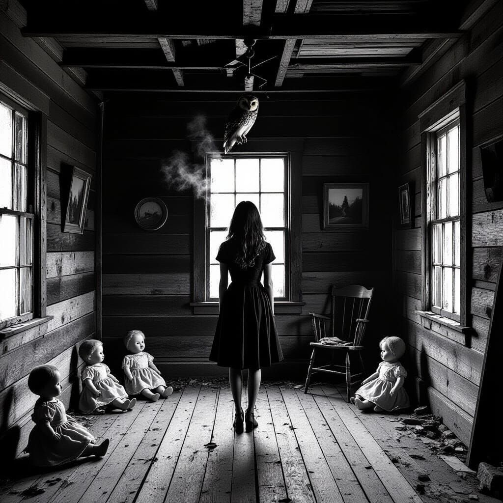 High-Contrast Woman in Decaying Cabin, Vintage Photography S...