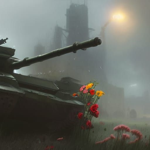 Girl with Flowers and Tank, Dark Fantasy Art