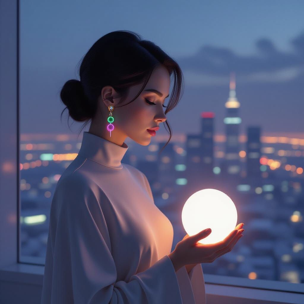 Woman Gazing at Cityscape with Orb in Ultra-Realistic Style