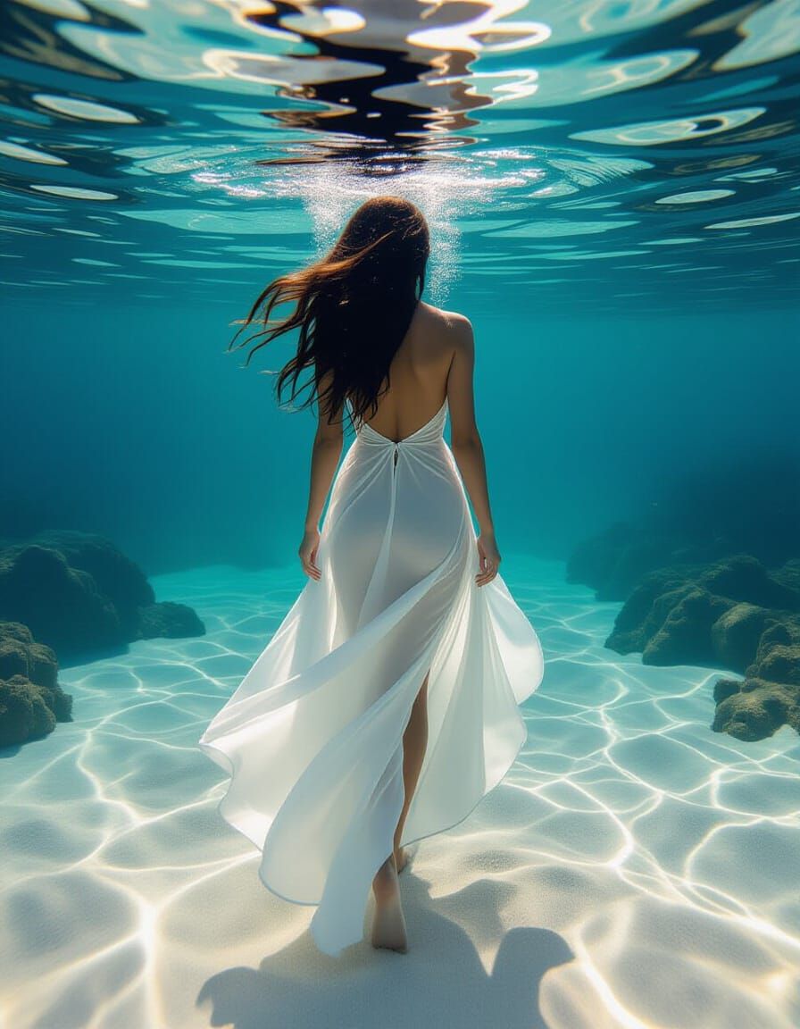 Woman in Flowing Dress in Sunlit Underwater Scene