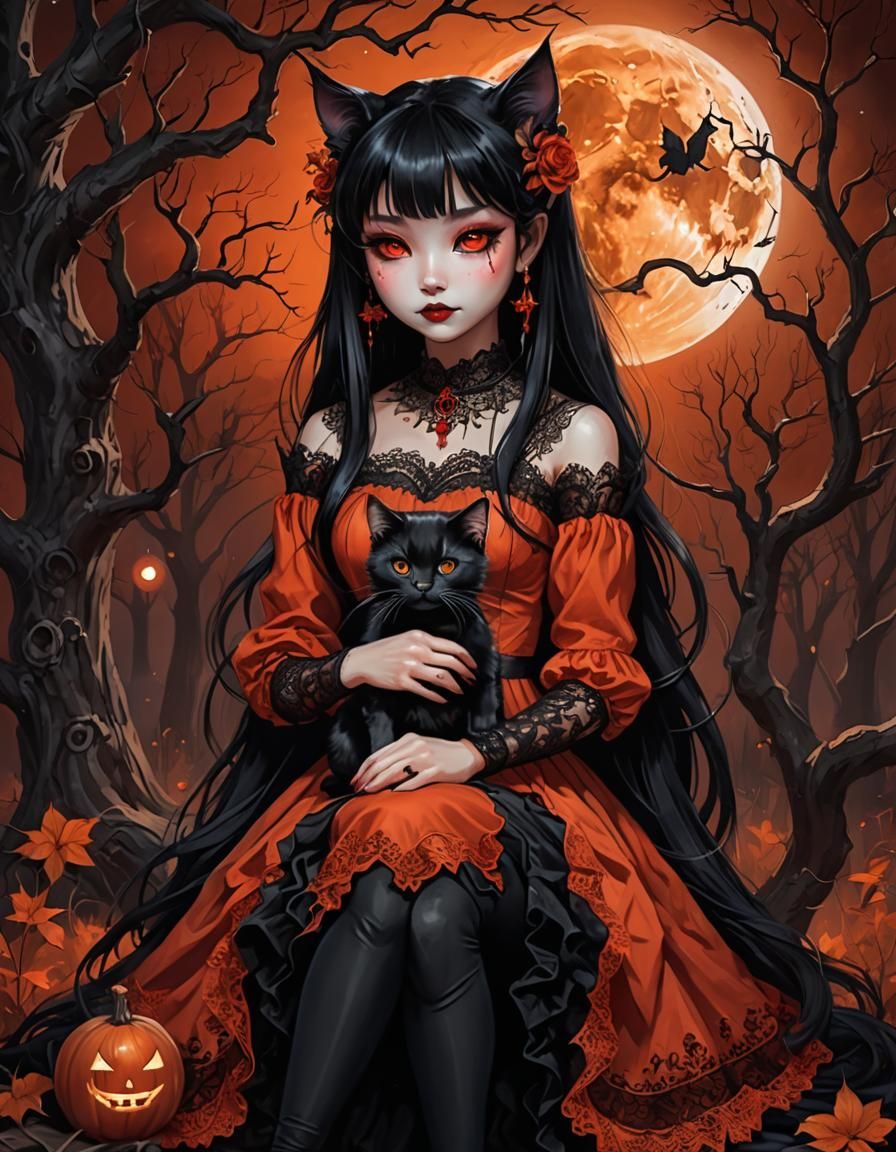 Demon Cat Doll with Kitten in Anime-Inspired Art