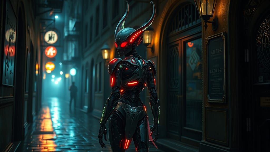 Ancient Elf Cyborg in Neon Alleyway
