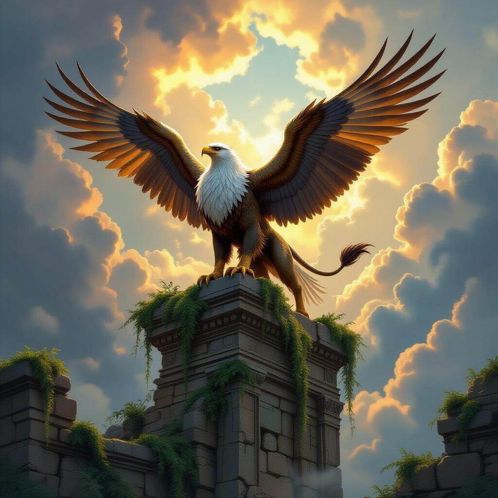 Majestic Griffin Perched on Ancient Ruins in Stormy Sunlight