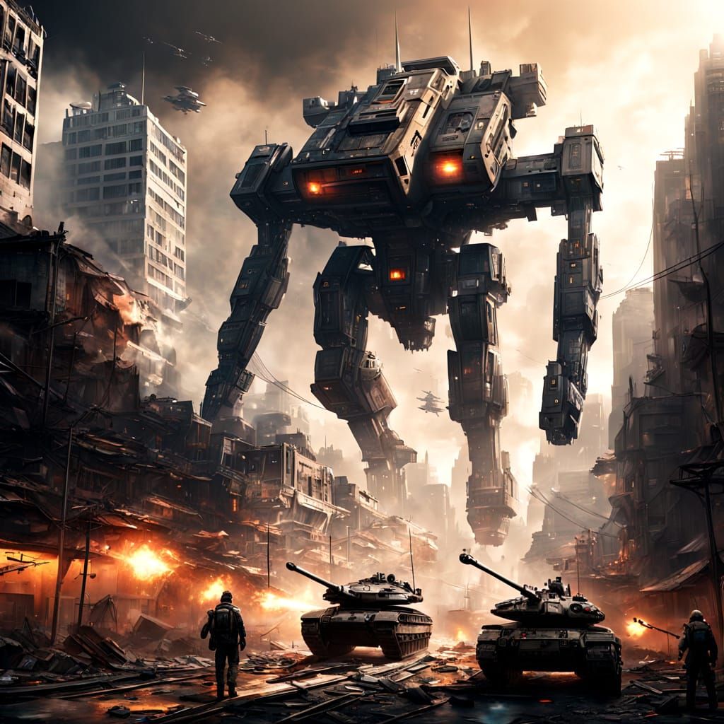 Epic Futuristic Tank Confronts War-Torn City in Hyper-Realis...