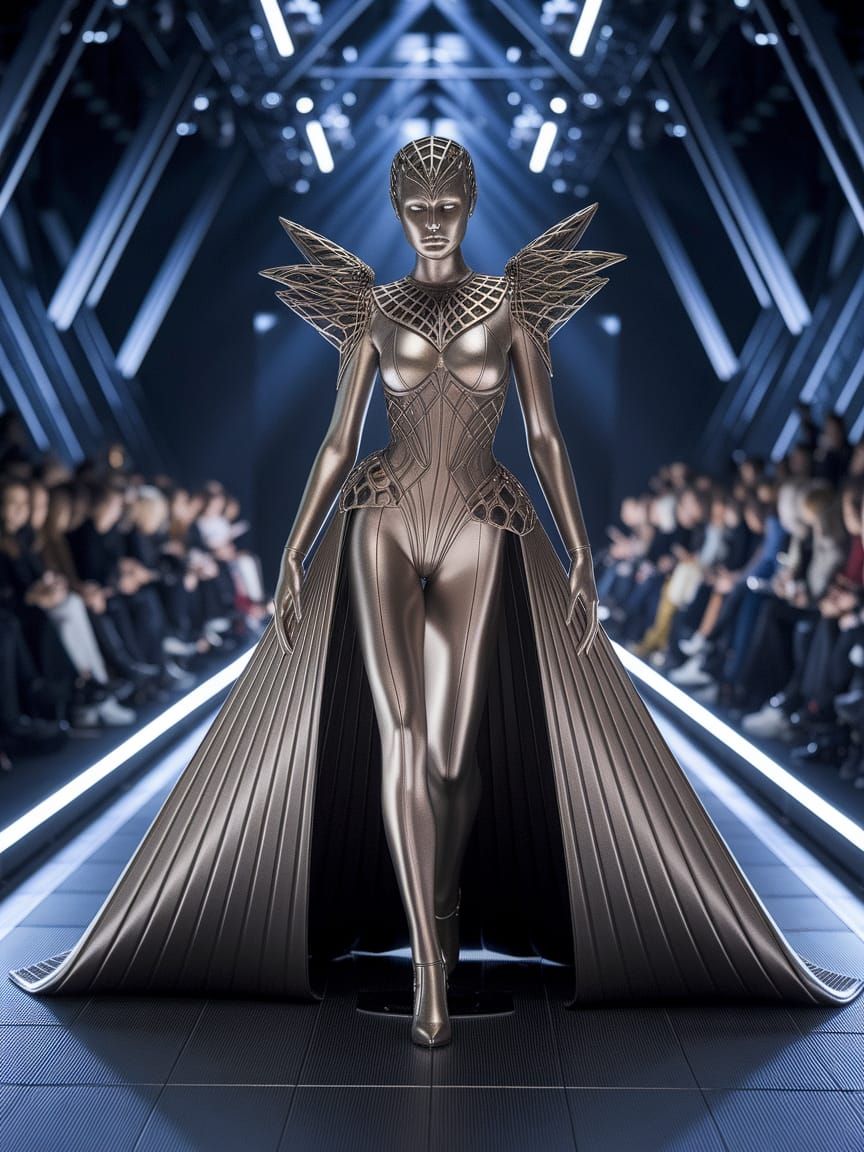 Elegant Avant-Garde Fashion Model in Metallic Bronze