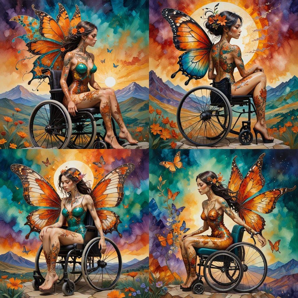 Woman with Butterfly Wings in Ornate Wheelchair under Sunset