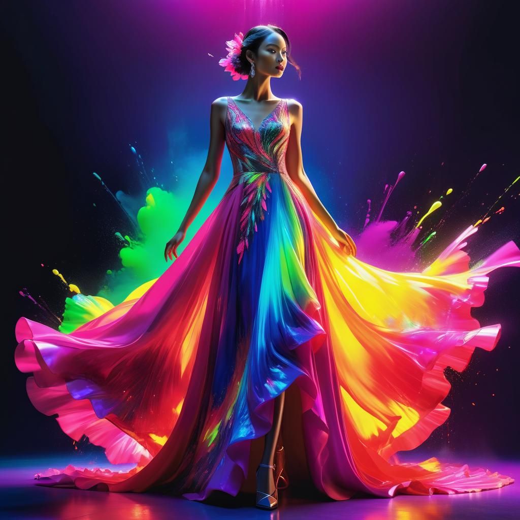Model in Stunning Fluorescent Gown: Hyperrealistic Splash Ar...