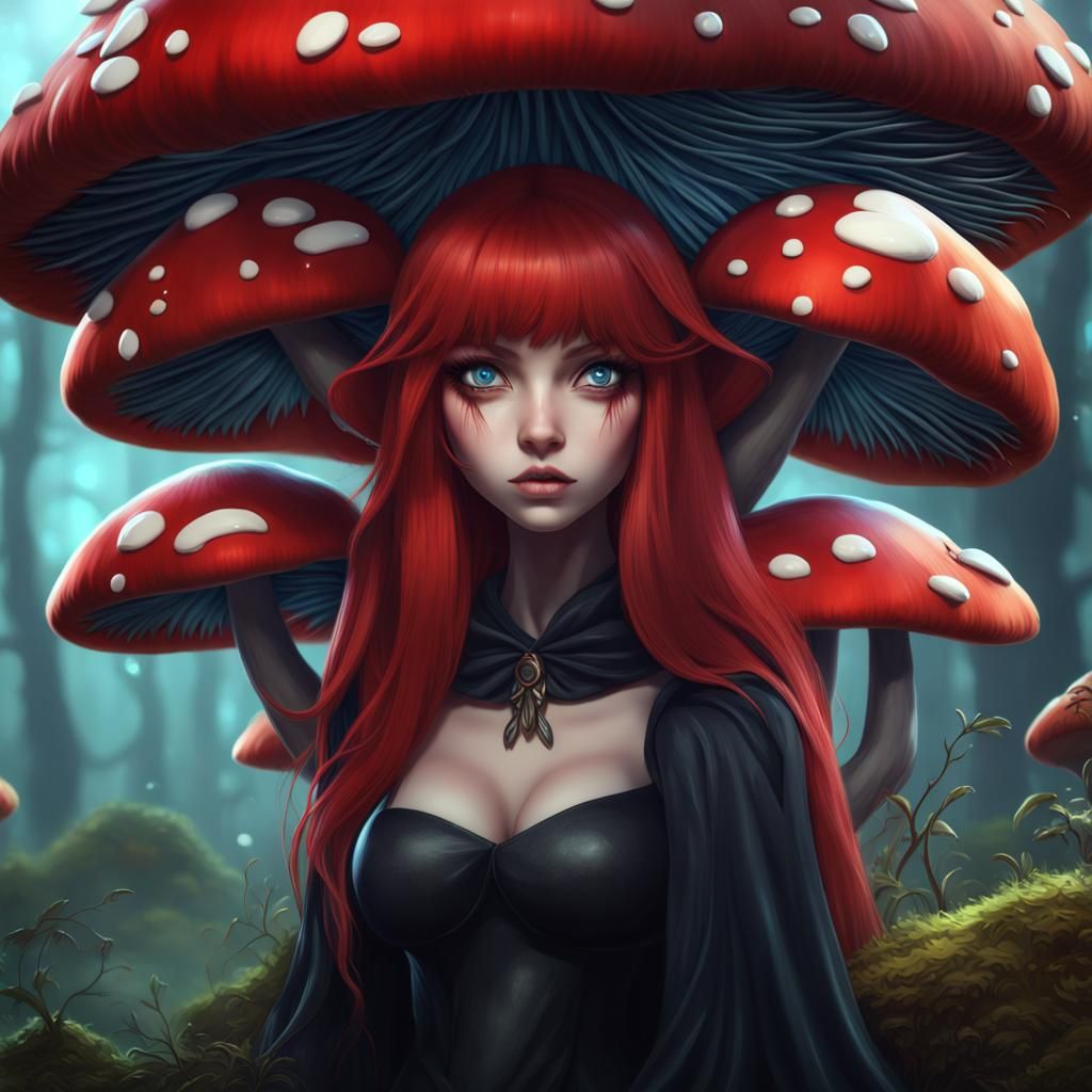 Anime Mushroom Woman with Bat Wings in Forest