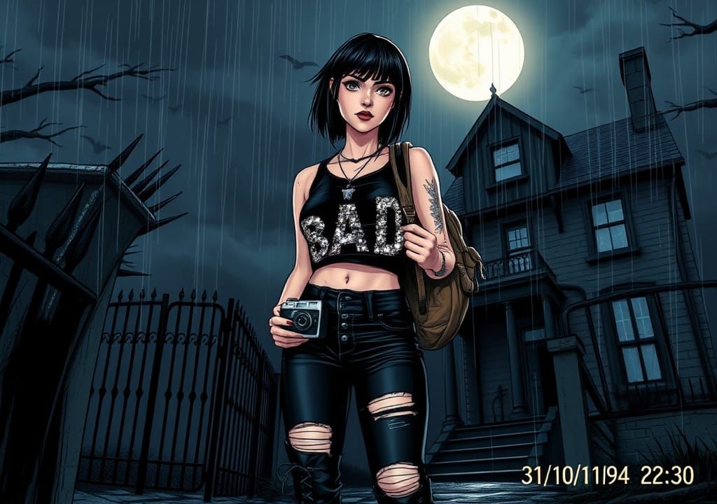 Gothic Punk Girl at Haunted House in 90s Style
