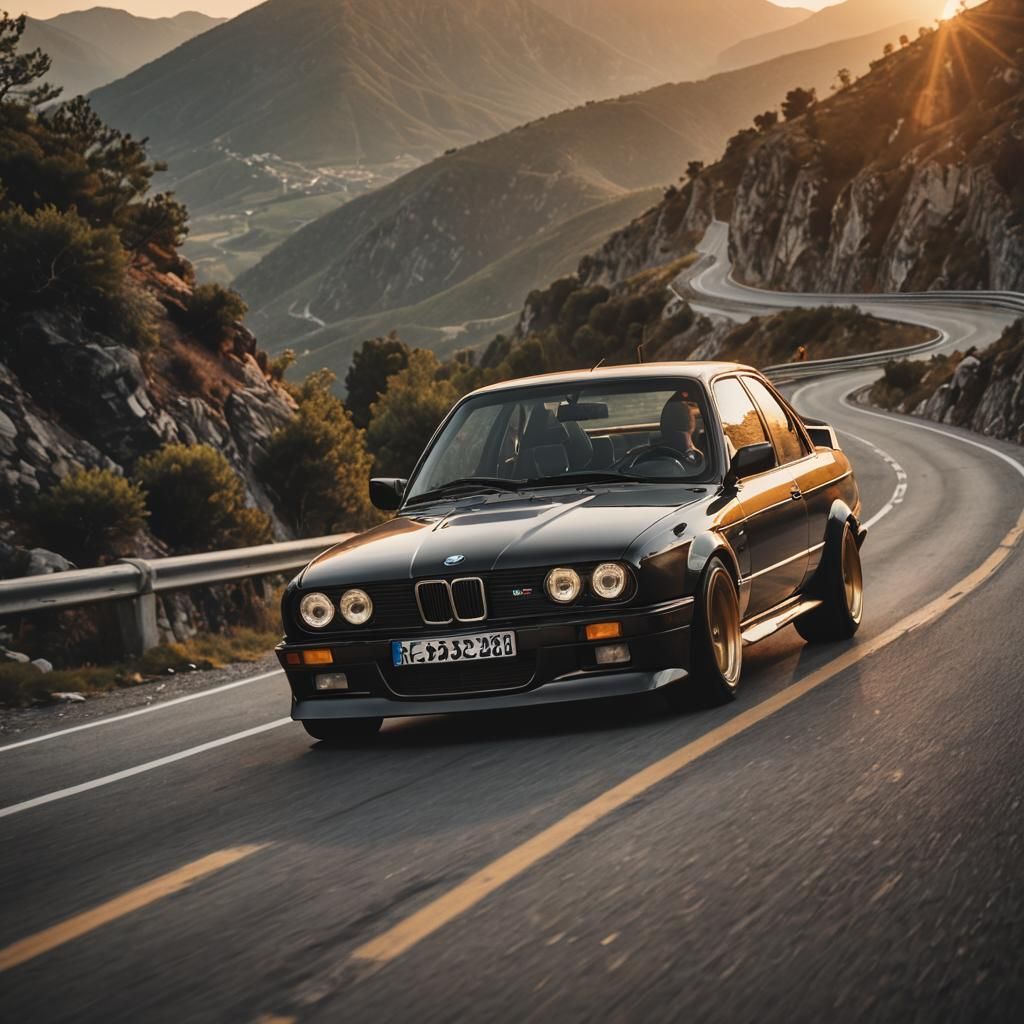 Black BMW M3 E30 Drifting at Sunset