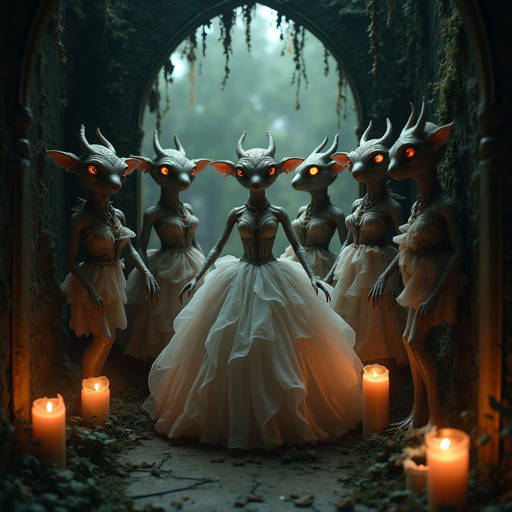 Gremlin Gargoyles Encircle Victorian Dolls in Gothic Archway