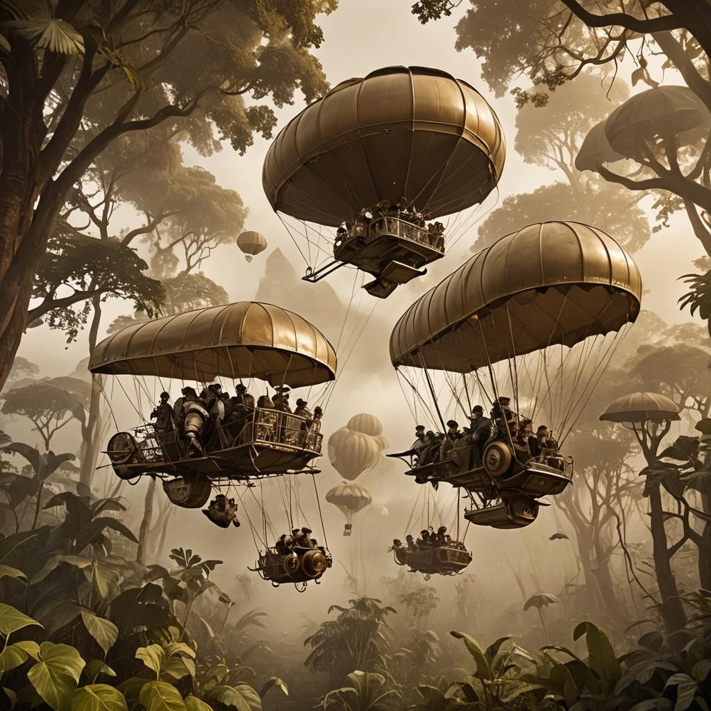 Steampunk Safari in Misty Jungle at Golden Hour